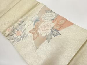 銀駒刺繍地紙に牡丹・桔梗模様名古屋帯